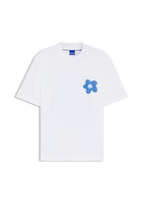 White cotton t-shirt featuring a blue flower graphic with a smiling face on the left chest area. Short sleeves and a round neckline.