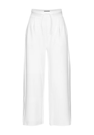 White wide-leg pants with high waist and drawstring closure at the front, featuring side pockets and a smooth fabric texture.