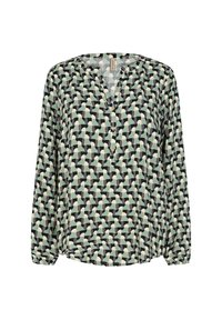 Blusa a maniche lunghe con un motivo geometrico in verde, nero e crema. Presenta un collo a V e un tessuto morbido e leggero con polsini arricciati.
