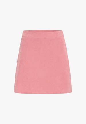 Roze corduroy mini-rok met een gladde textuur, voorzien van een aansluitende taille en een flared zoom, wat zorgt voor een eenvoudig en strak ontwerp.