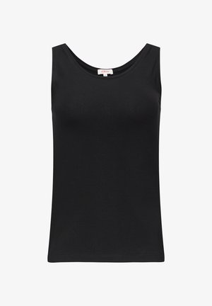 Črna brezrokavna majica iz gladkega bombaža, z okroglim izrezom in ravnim robom. Preprost dizajn brez vzorcev ali okrasnih elementov.