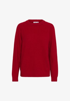 Punane kampsun pehmest kangast, ümmarguse kaelusega, pikade varrukatega ning soonikservade ja -otsadega. Lihtne, klassikaline disain.