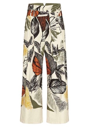 Leveälahkeiset, korkeavyötäröiset housut, joissa musta, oranssi, vihreä ja keltainen abstrakti lehtikuvio kermaan vivahtavalla pohjalla ja samaa kangasta oleva vyö.