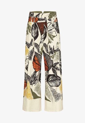 Pantalon taille haute à jambes larges avec motif feuilles abstraites en noir, orange, vert et jaune sur fond crème, doté d'une ceinture assortie en tissu.