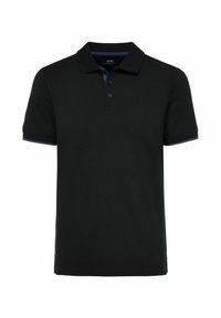 Czarna koszulka polo wykonana z oddychającego materiału, z kołnierzykiem na dwa guziki, kontrastującymi niebieskimi akcentami na kołnierzyku i rękawach oraz małym logo.