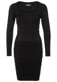 Robe en maille noire moulante à manches longues, à côtes horizontales et col carré de la marque Morgan.