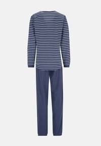 Das navygestreifte Pyjama-Set besteht aus einem langärmeligen Oberteil mit weißen Streifen und passenden einfarbigen navyblauen Hosen. Weicher Stoff mit lässigem Schnitt.