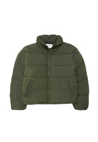 Olivegrüner Puffer-Jacke mit Kapuze, mit Reißverschluss, horizontaler Steppung und zwei Seitentaschen. Glatte Textur, lässiges Design.