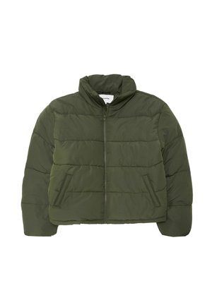 Oliwkowa kurtka puchowa z kapturem, z zapięciem na zamek, poziomym przeszyciami i dwiema bocznymi kieszeniami. Gładka faktura, casualowy design.