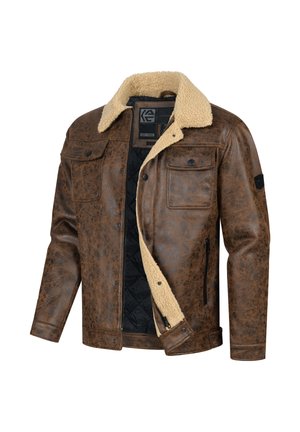 Braune Kunstlederjacke mit einem cremefarbenen Sherpa-Kragen, zwei Brusttaschen, seitlichen Reißverschlusstaschen und einem gesteppte schwarzen Innenfutter.