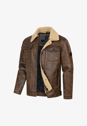 Braune Kunstlederjacke mit einem cremefarbenen Sherpa-Kragen, zwei Brusttaschen, seitlichen Reißverschlusstaschen und einem gesteppte schwarzen Innenfutter.