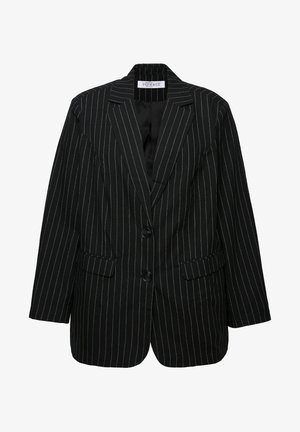 Schwarzer Nadelstreifen-Blazer mit zwei Knöpfen, Reverskragen, Taschen vorne und einem leicht übergroßen Schnitt. Strukturierter Stoff mit einem eleganten Futter.