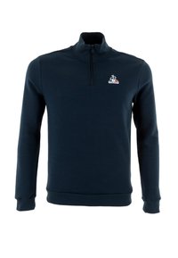 Navy blue zip-neck sweatshirt made of soft fabric, featuring long sleeves, ribbed cuffs, and a small logo on the left chest.