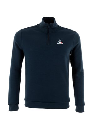 Navy blue zip-neck sweatshirt made of soft fabric, featuring long sleeves, ribbed cuffs, and a small logo on the left chest.