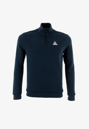 Donkerblauw zip-neklap sweatshirt van zachte stof, met lange mouwen, geribde manchetten en een klein logo op de linkerborst.