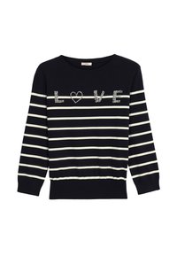 Maglione blu navy con strisce orizzontali bianche, con design "LOVE" in strass sulla parte anteriore, scollatura rotonda e maniche lunghe.