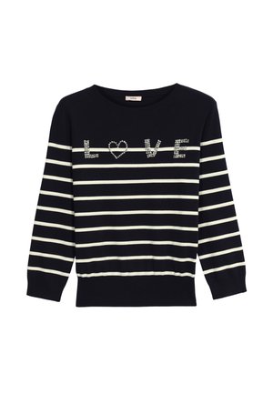 Maglione blu navy con strisce orizzontali bianche, con design "LOVE" in strass sulla parte anteriore, scollatura rotonda e maniche lunghe.