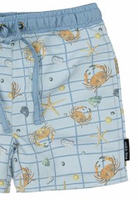 Costumi da bagno azzurri chiari con un motivo a griglia raffigurante granchi, conchiglie e stelle marine. Realizzati in tessuto morbido e ad asciugatura rapida con vita regolabile.