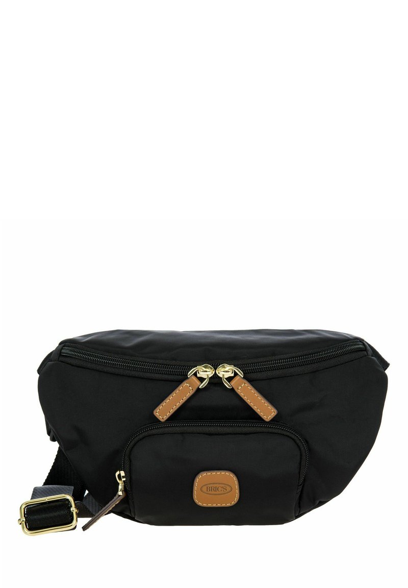 Marsupio in nylon nero con due scomparti con zip, dettagli in pelle tan, hardware dorato e tracolla regolabile per un utilizzo versatile.
