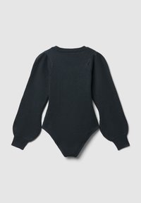 Body in maglia scura con maniche lunghe e a sbuffo, scollatura e polsini a costine, design senza cuciture e schiena bassa.