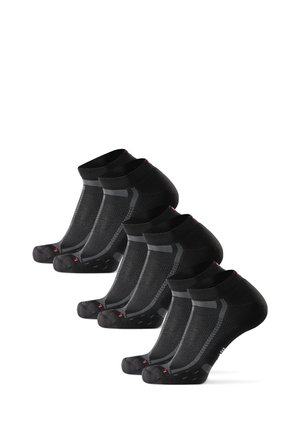 Schwarze Knöchelsocken mit einem gerippten Bündchen, Netzstruktur und reflektierenden Akzenten. Packung mit fünf Paaren, ausgestattet mit verstärkten Zehen- und Fersenbereichen.
