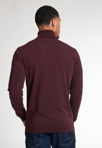 Pull à col roulé bordeaux avec des manches longues, col et poignets côtelés, en tissu doux, au design ajusté, porté avec un jean bleu.
