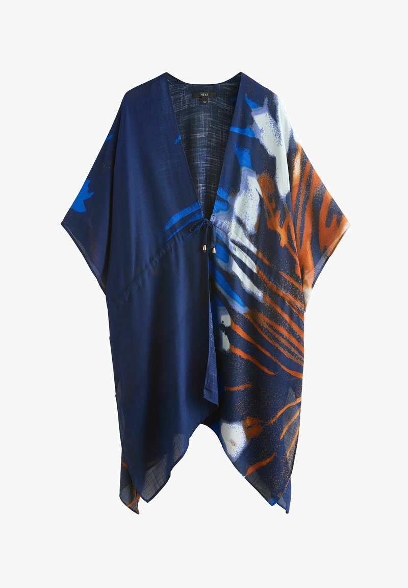Bluza stil kimono de culoare albastru marin, în material ușor, cu modele abstracte portocalii și albastre, decolteu în V și talie cu șnur.