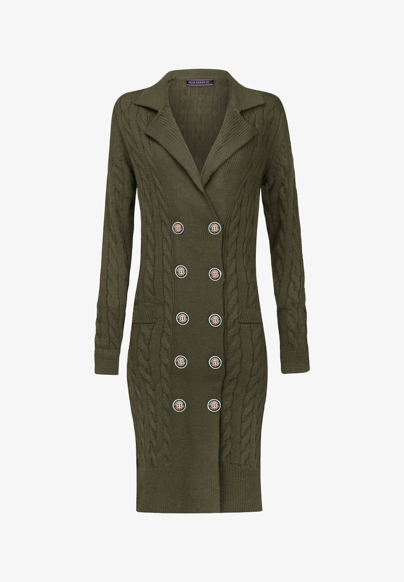 Un cardigan tricoté vert olive avec un motif en relief, un design croisé à l'avant, de grands boutons avec des logos et deux poches avant.