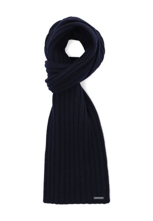 Granatowy, dziany szalik o prążkowanej teksturze; miękki materiał; skręcona konstrukcja na górze; wykończony małą metką z logo w pobliżu końca.