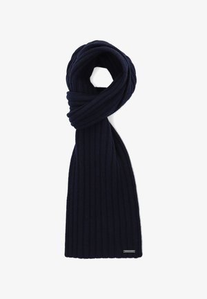 Granatowy, dziany szalik o prążkowanej teksturze; miękki materiał; skręcona konstrukcja na górze; wykończony małą metką z logo w pobliżu końca.