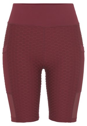 Burgundy athletic shorts with textured honeycomb pattern, high waistband, and mesh side panels for breathability. Mid-thigh length.