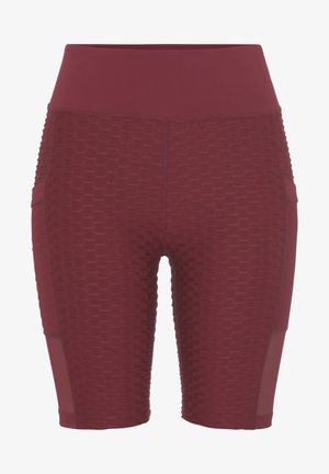 Burgunderfarbene Sportshorts mit strukturiertem Wabenmuster, hohem Bund und seitlichen Mesh-Einsätzen für Atmungsaktivität. Mittlere Oberschenkel-Länge.