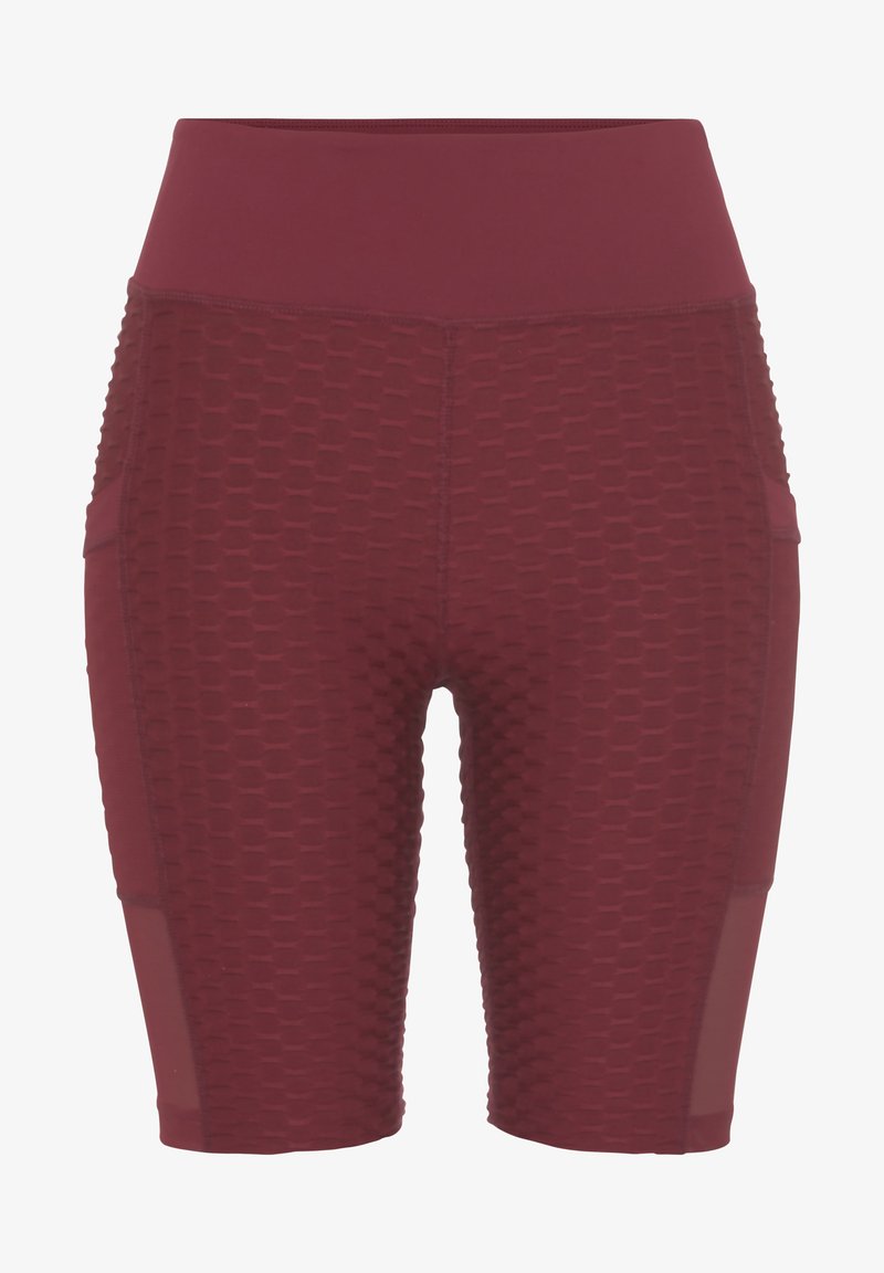 Burgundy athletic shorts with textured honeycomb pattern, high waistband, and mesh side panels for breathability. Mid-thigh length.