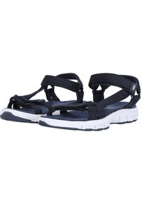 Mörkblå sandaler med justerbara remmar, vadderad insida och en vit, texturerad gummisula. Designade för komfort och stöd.