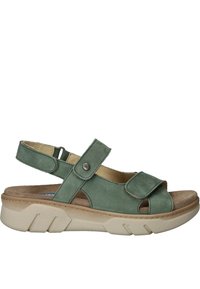 Groene leren sandaal met een open teen en een verstelbare band. Beschikt over een zachte voetbed en een dikke, gestructureerde zool voor comfort en grip.