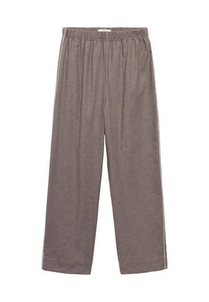 Sivé nohavice s širokými nohavicami vyrobené z mäkkej tkaniny, s elastickým pásom a bielymi bočnými pruhmi pre zvýraznenie detailu.