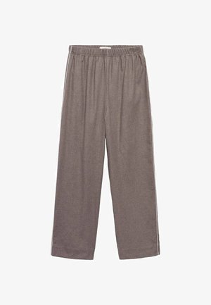 Sivé nohavice s širokými nohavicami vyrobené z mäkkej tkaniny, s elastickým pásom a bielymi bočnými pruhmi pre zvýraznenie detailu.