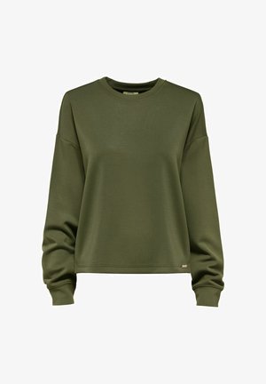 Oliwkowy sweatshirt, okrągły dekolt, luźny krój. Wykonany z miękkiej tkaniny, z długimi rękawami i ściągaczami. Posiada małą metkę na dole.