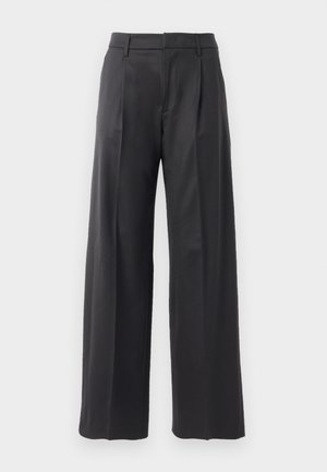 Black wide-leg trousers with pleats, made from a smooth fabric. Features a tailored waistband and clean lines, suitable for formal occasions.