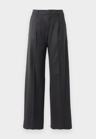 Black wide-leg trousers with pleats, made from a smooth fabric. Features a tailored waistband and clean lines, suitable for formal occasions.
