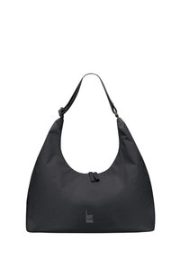 Borsa hobo nera con forma curva. Realizzata in tessuto morbido, presenta una chiusura superiore e una stampa logo discreta sul davanti.