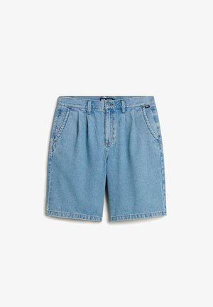 Denim shorts in light blue, featuring a relaxed fit, front pleats, belt loops, and two front pockets. Plain hems with subtle stitching.