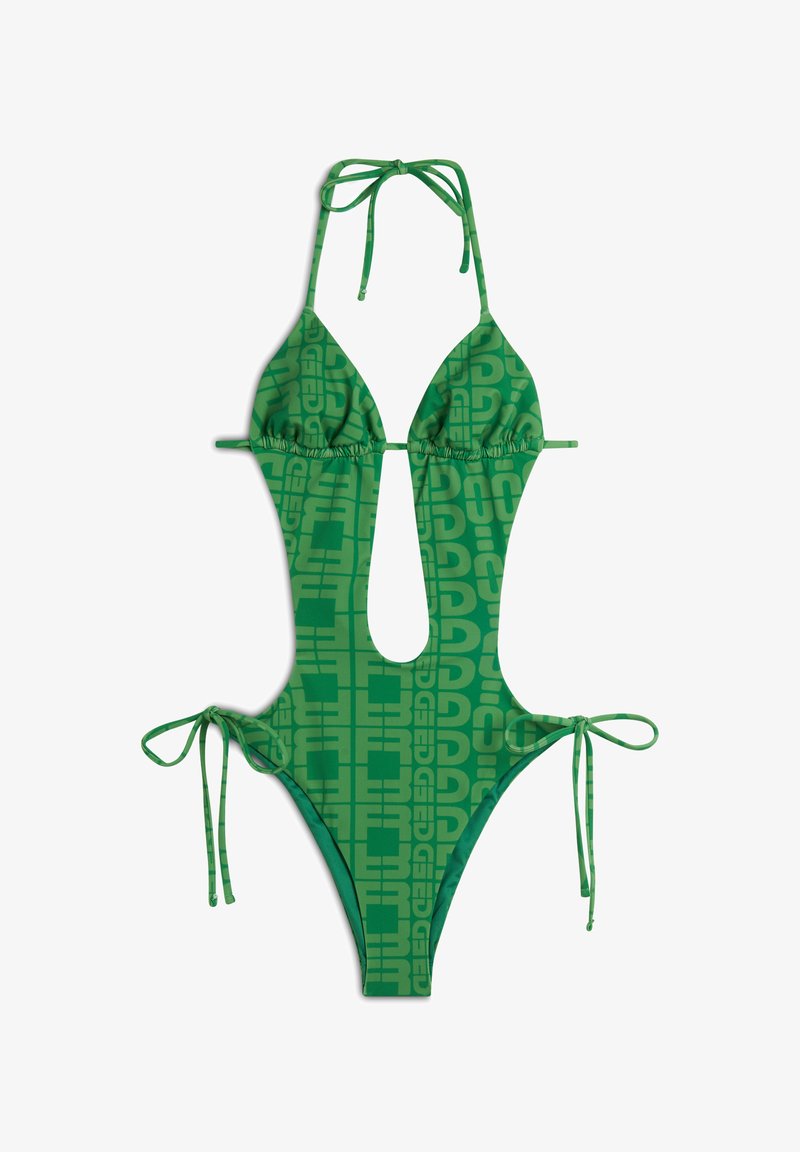 Vihreä kuviollinen bikinitriokuppien ja leikattujen keskipisteiden kanssa. Säädettävät soljet kaulassa ja sivuilla. Tasainen rakenne rohkealla logosuunnittelulla.