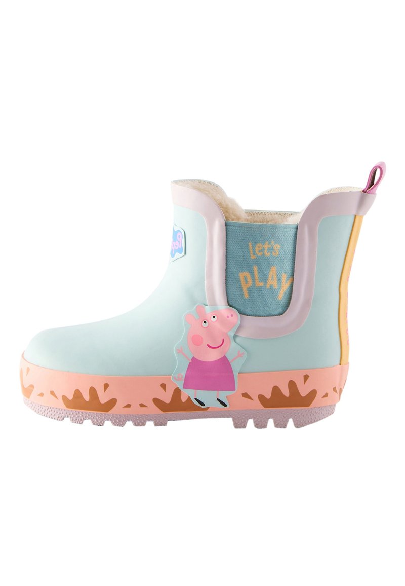 Botte de pluie en caoutchouc bleu clair avec des accents roses, semelle texturée, et un dessin latéral d'un cochon de dessin animé. Comporte le texte "Jouons" à l'arrière.