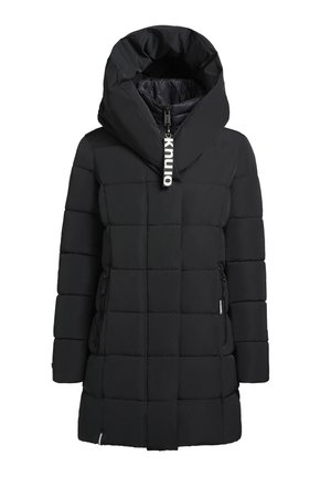 Schwarze Daunenjacke mit hohem Kragen und übergroßer Kapuze, mit einem gesteppten Design, zwei seitlichen Reißverschlüssen und einem Logo am Reißverschluss-Zug.