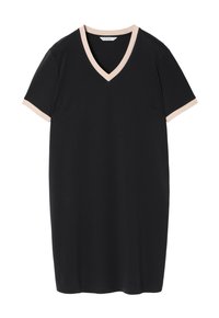 Czarna sukienka z krótkim rękawem, z dekoltem w kształcie litery V oraz beżowym wykończeniem przy kołnierzyku i rękawach. Wykonana z gładkiego materiału o prostym, prostokątnym kroju.