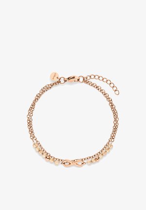 Armband in Roségold mit zwei Ketten, verziert mit facettierten klaren Perlen und einem Unendlichkeitssymbol in der Mitte. Mit Verschluss und Verlängerung.
