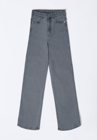 Grijze denim wijde pijpen jeans met een hoge taille, voorzien van een sluiting met knoop aan de voorkant, zijzakken en een gladde textuur.