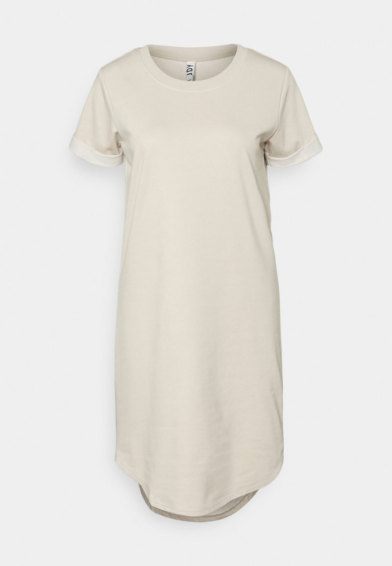 Vestido de t-shirt em algodão bege com mangas curtas enroladas, bainha arredondada e uma textura suave. Apresenta um design simples e clássico, sem adornos.