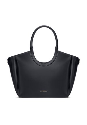Černá kožená kabelka s oblými dvojitými rukojetmi, mírně zúženými stranami a logem "WITTCHEN" ve zlatém písmu uprostřed přední strany.